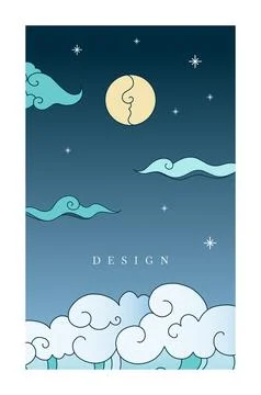 Chinese clouds poster. Asian cloudscape. Night moon. Midnight stars. Heaven c Ilustração Stock