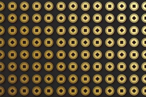 Chinese coins, background seamless pattern. Texture asian shape of money in g Stock Illustration