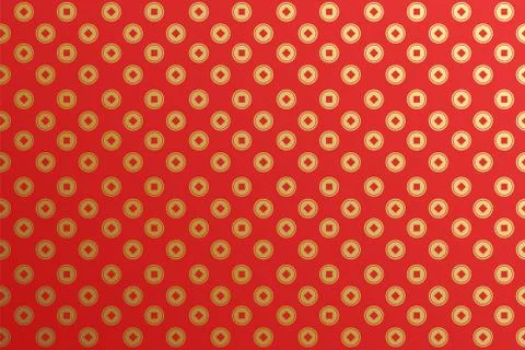 Chinese coins, background seamless pattern. Texture asian shape of money in g Stock Illustration