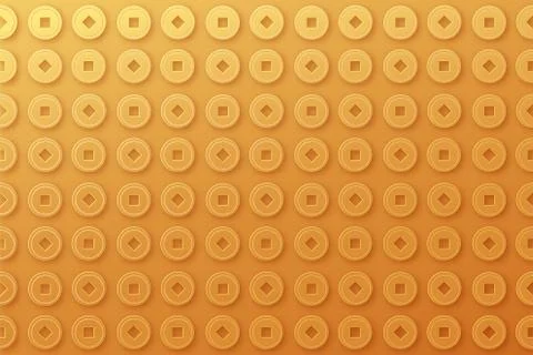 Chinese coins, background seamless pattern. Texture asian shape of money in g Stock Illustration