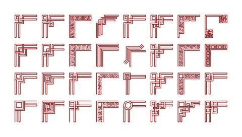 Chinese Corner Border Set Traditional Geometric Line Art Frame Design Stock Illustration