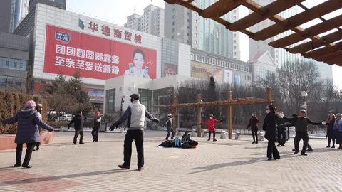 Chinese dancing in park Stock Footage 124942597