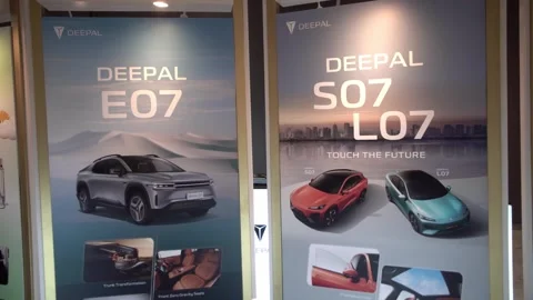 Chinese Deepel EV car on display at a shopping mall. Video stock 318939051
