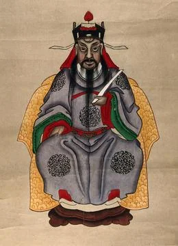 A Chinese deity with dark complexion and beard, seated on a throne. Gouache.. Stock Illustration