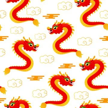 Chinese dragon and clouds seamless pattern on white background for wallpaper  Illustrazione stock