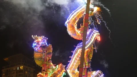 Chinese Dragon Dance/ Lighted Dragon Dance Stock Footage 113997480