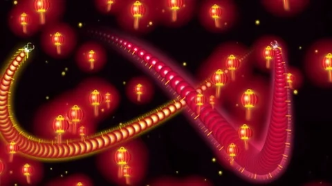 Chinese dragon movement with glowing red lanterns on dark background cinema.. Stock-Footage 342784425