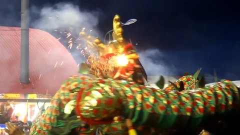 Chinese dragons performing at night Stock Footage 77731987