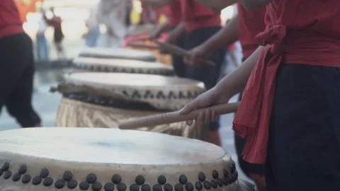 Chinese drum performing, slow motion Stock Footage 221989633