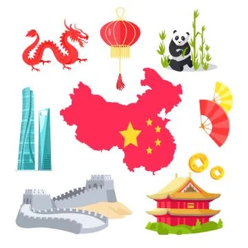 Chinese Elements, Map and Dragon, Fan and Panda イラスト素材