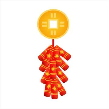 Chinese firecracker or firework with gold coin isolated on white background,  Stock Illustration