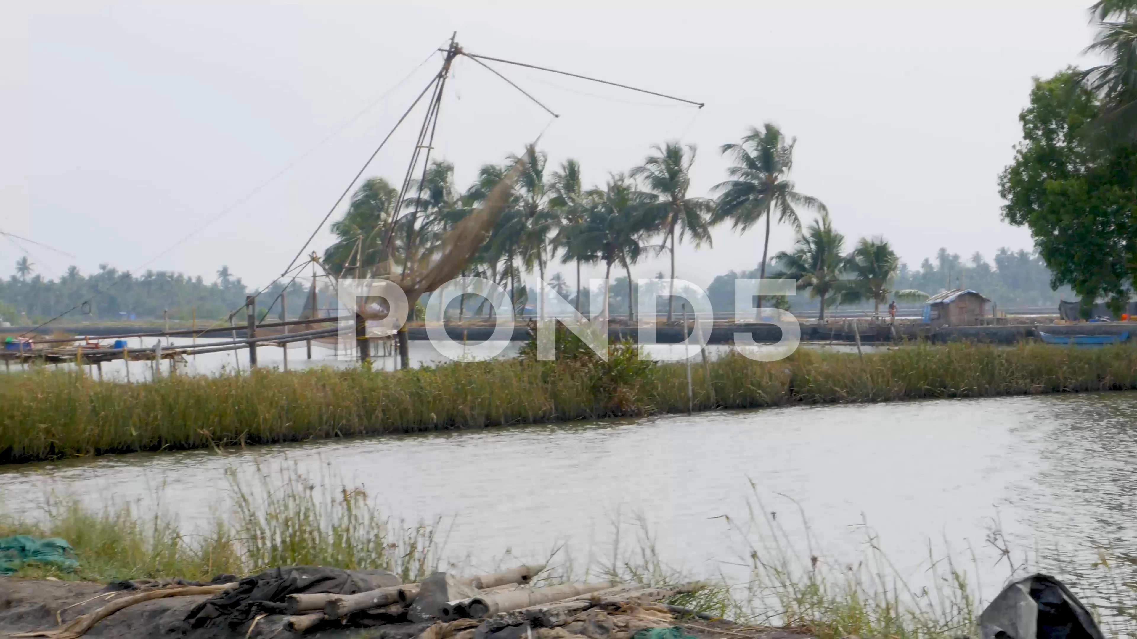 Chinese Fishing Net on Large Lake in Ind, Stock Video