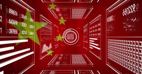 Chinese flag elements with digital data and analytics in animation on red Stock Footage 304088563