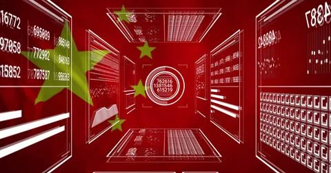 Chinese flag elements with digital data and analytics in image on red background Stock Illustration