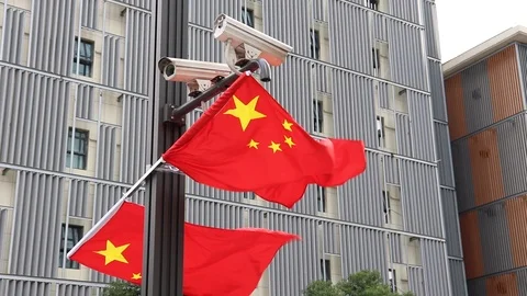 Chinese Flag, PRC, Security Surveillance Camera, 1080p Stock Footage