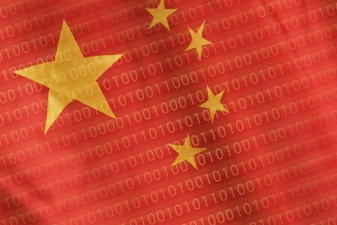 Chinese flag with super-imposed binary code numbers 写真素材