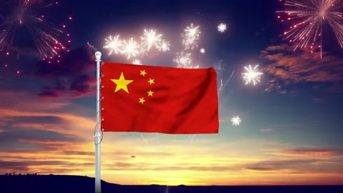 Chinese flag waves majestically in celebratory fireworks motion footage Stock Footage 341722996