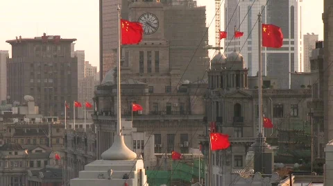 Chinese Flags Waving on the Bund Stock Footage 603923