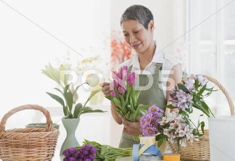 Chinese florist arranging flowers Stock Photos