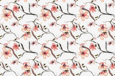 Chinese Flower Trees. Seamless Cherry Wallpaper. Stock Illustration