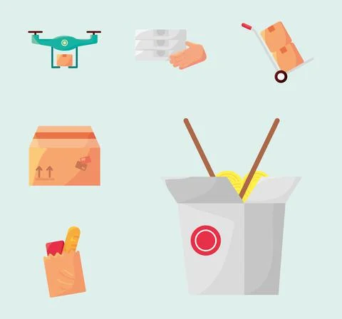 Chinese food with bundle of five delivery service set icons Stock Illustration
