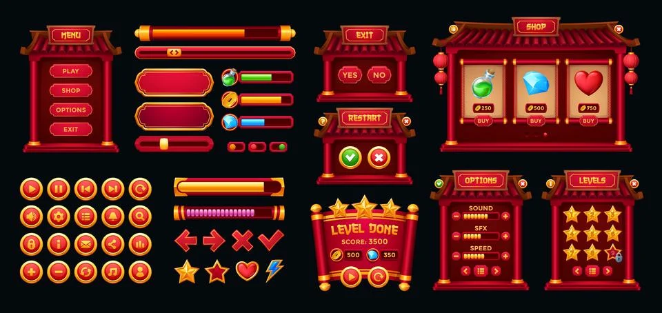 Chinese game interface, gui buttons, frames asset Stock Illustration