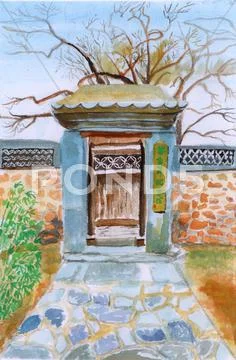 Chinese garden door watercolor painting Stock Illustration