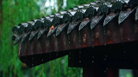 Chinese garden eaves tile - close-up of rain dripping on the roof 動画素材 257861247