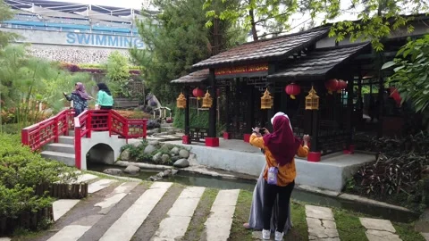 Chinese Garden Theme Park Section, Established Shot of Floating Market Lembang Stock Footage 130250316