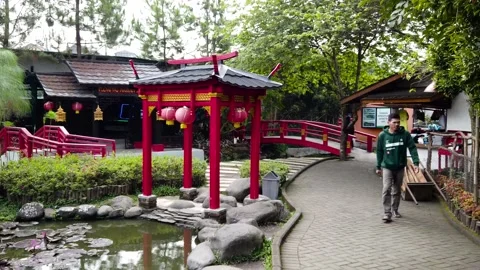 Chinese Garden Theme Park Section, Established Shot of Floating Market Lembang Stock Footage 130250548