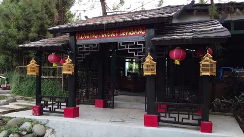 Chinese Garden Theme Park Section, Established Shot of Floating Market Lembang Stock Footage 130250748