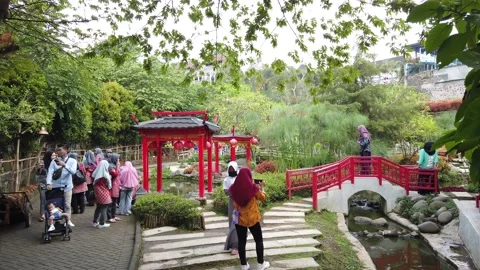 Chinese Garden Theme Park Section, Established Shot of Floating Market Lembang Stock Footage 130250825