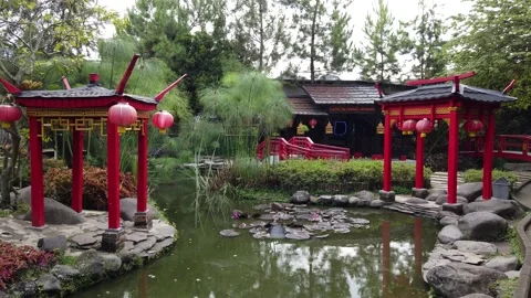 Chinese Garden Theme Park Section, Established Shot of Floating Market Lembang Stock Footage 130251004