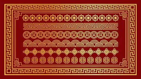 Chinese Gold Border Pattern Set Traditional Oriental Geometric Frames Stock Illustration