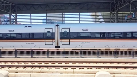 A Chinese high-speed train slowly entering a high-speed rail station Stock Footage 310044679