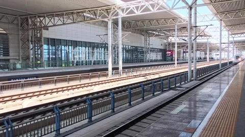 A Chinese high-speed train slowly entering a high-speed rail station Видео 310044712