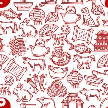 Chinese horoscope seamless vector pattern Stock Illustration