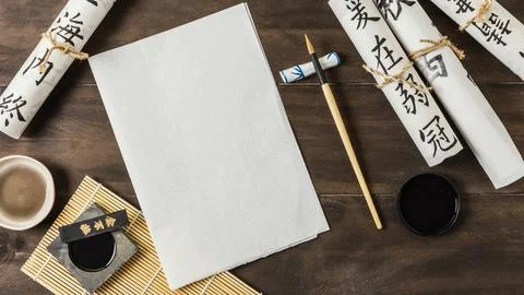 Chinese ink elements arrangement with empty card Foto stock
