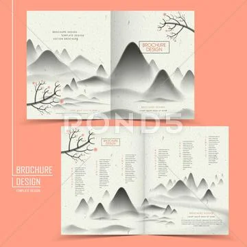 Chinese ink painting style half-fold design Stock Illustration