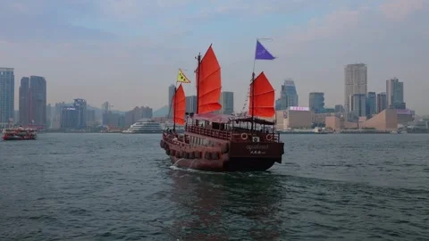 Chinese Junk Boat Sailing, Victoria Harbour, Hong Kong Stock Footage 345224924
