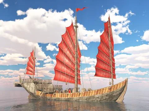 Chinese junk ship in the open sea Stock Illustration