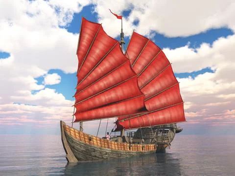 Chinese junk ship in the open sea Stock Illustration