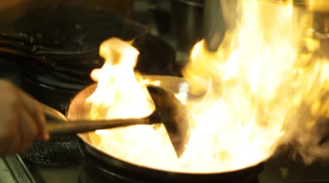 Chinese Kitchen Pan on Fire Stock Footage 28434828