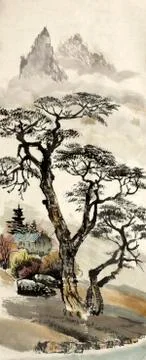 Chinese landscape with a tree Stock Illustration