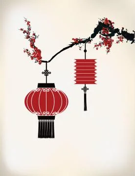 Chinese Lantern hang on cherry tree Stock Illustration