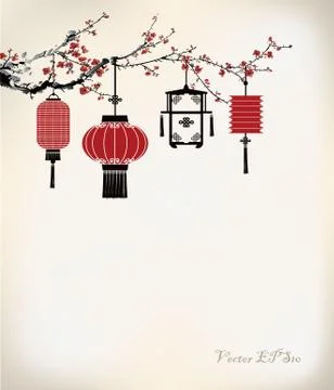 Chinese Lantern hang on cherry tree Stock Illustration