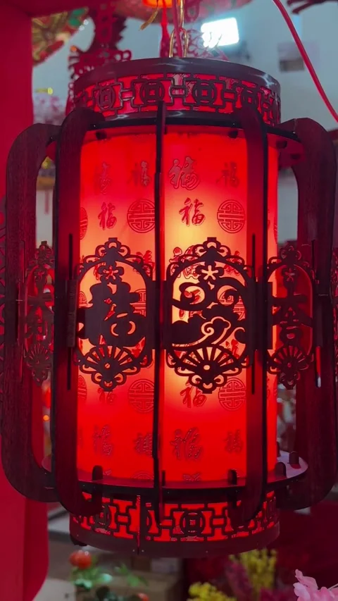 Chinese Lantern Illuminated with Red Lights with ornaments Vídeo Stock 342700159