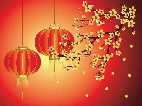 Chinese Lantern with Sakura Branch Stockillustratie