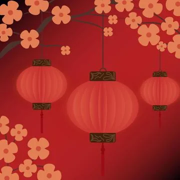 Chinese lanterns hang from cherry trees to celebrate the Lunar New Year Stock Illustration