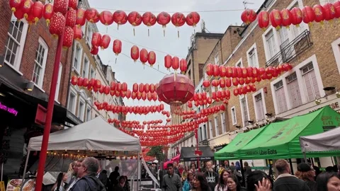 Chinese lanterns hanging between buildings in China Town Stock Footage 283293155